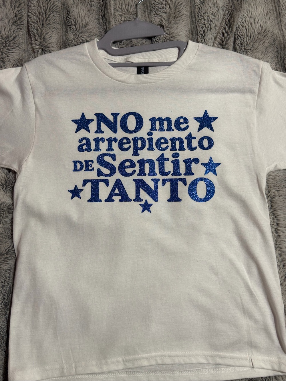 White Kids Graphic Tee with Blue Glitter Text